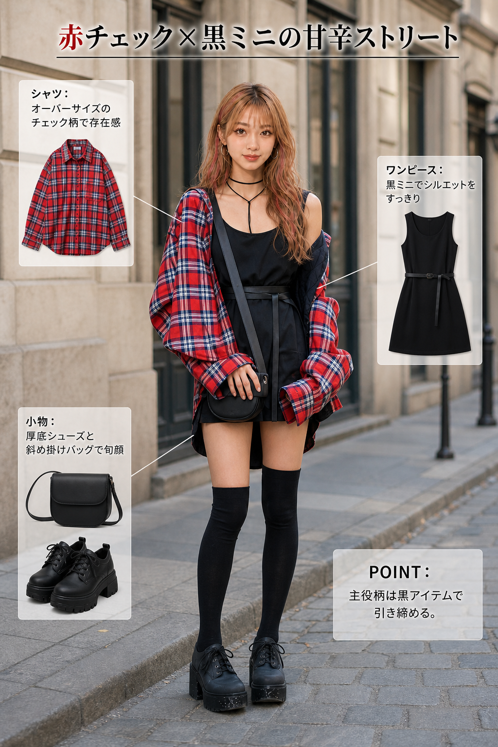 赤チェックと黒ミニのMirrorコーデ