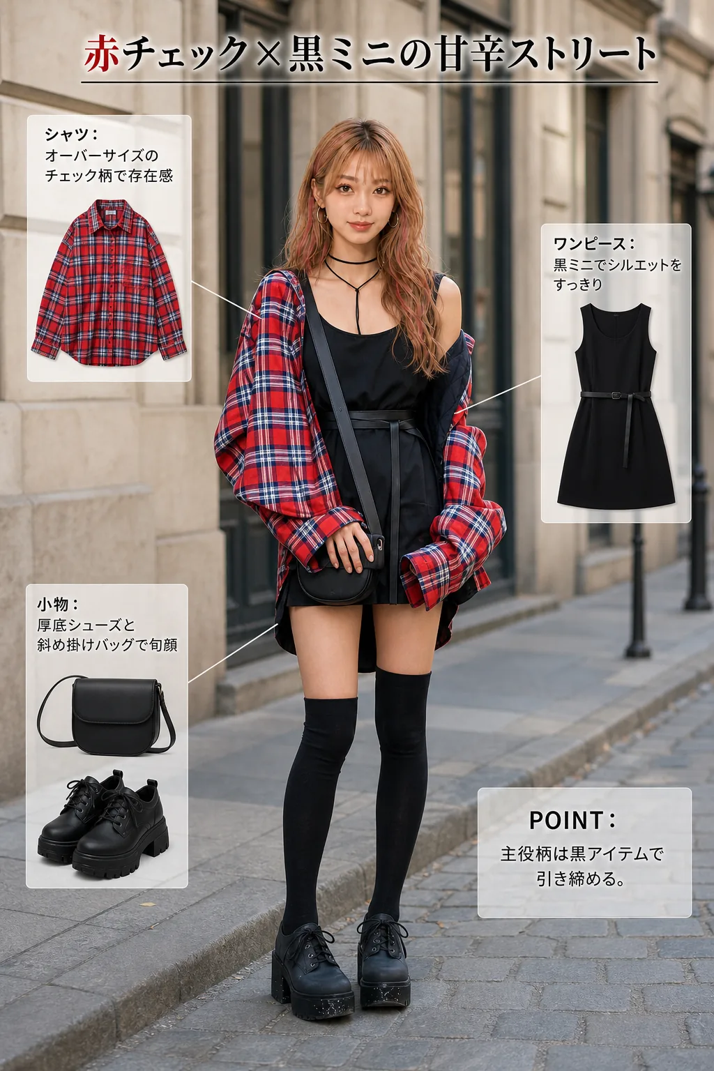 赤チェックと黒ミニのMirrorコーデ